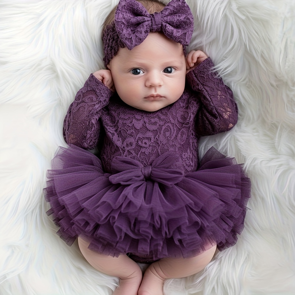 2pcs Purple Lace Bodysuit and Headband Set for Baby Girls Fluffy Net Tutu  Dress Outfits, Newborn Photography Props, Baby Shower Family Decorations,  - Main Image