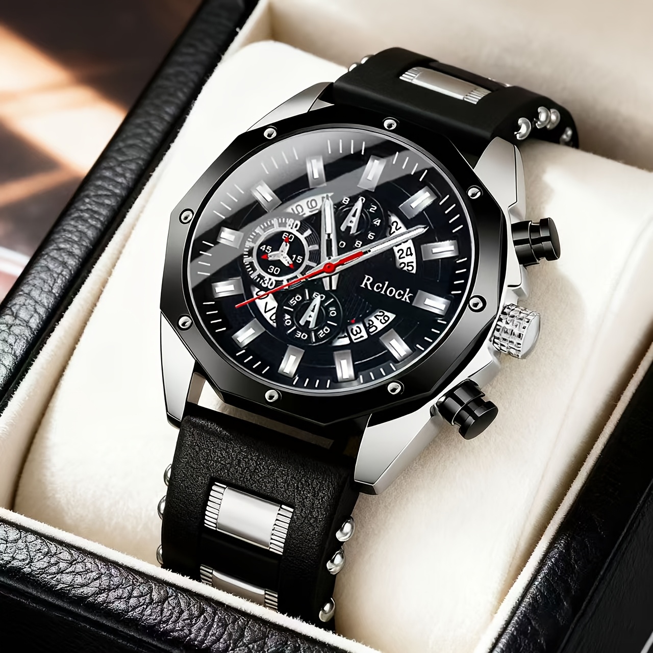 1 MSCXDK Modern Luxury Blue & Golden Chronograph Analog Watch with Date/Day Display, Shockproof Quartz Movement, Golden Case & Blue Strap - Unisex Wristwatch for Men & Women, Dress Watch for Casual/Formal Occasions, Gift for Him/Her