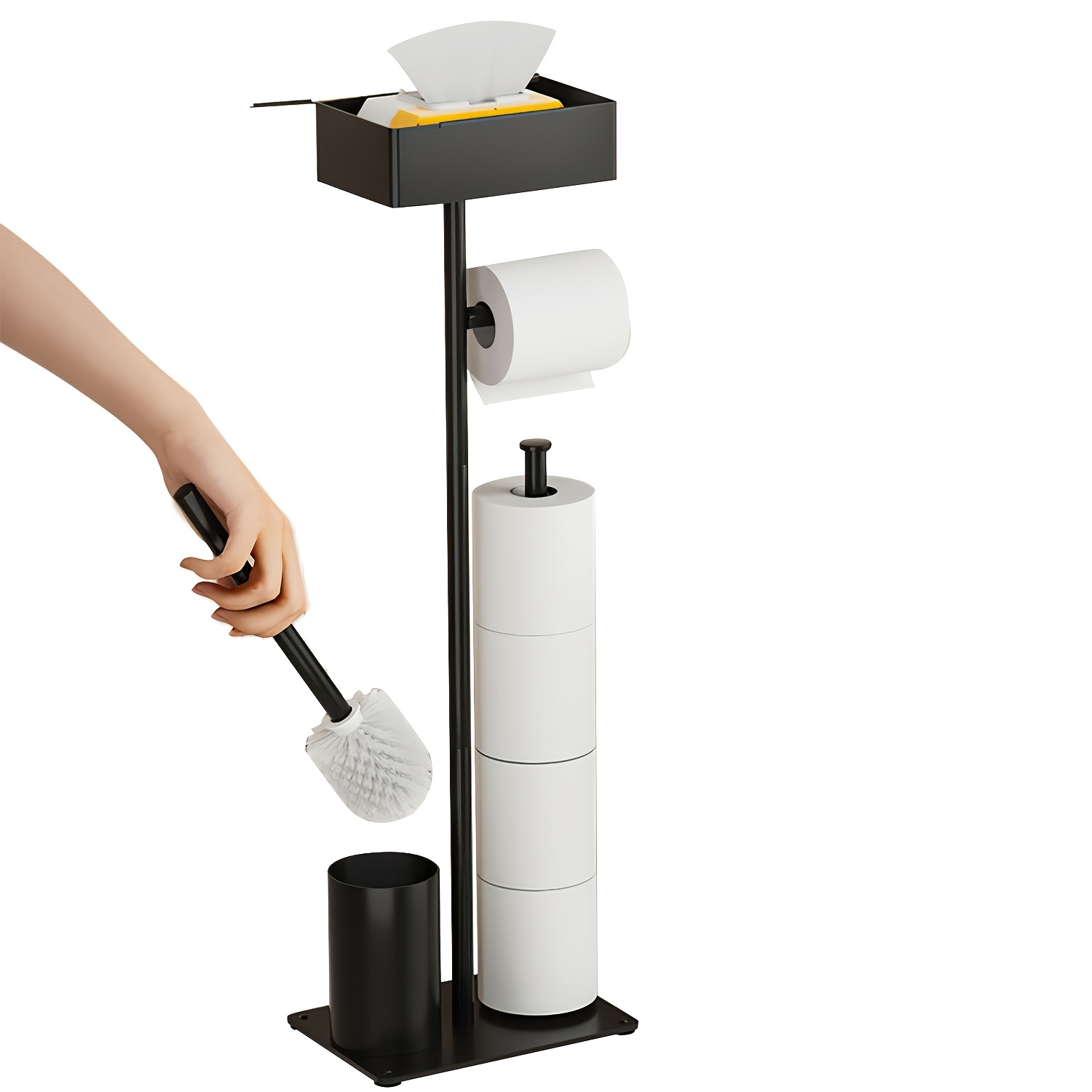 Space- Freestanding Toilet Paper Holder With Integrated Brush Metal Bathroom Organizer, Black Toilet Paper Holder Standing Toilet Paper Holder Toilet Brush With Toilet Paper Holder Brush