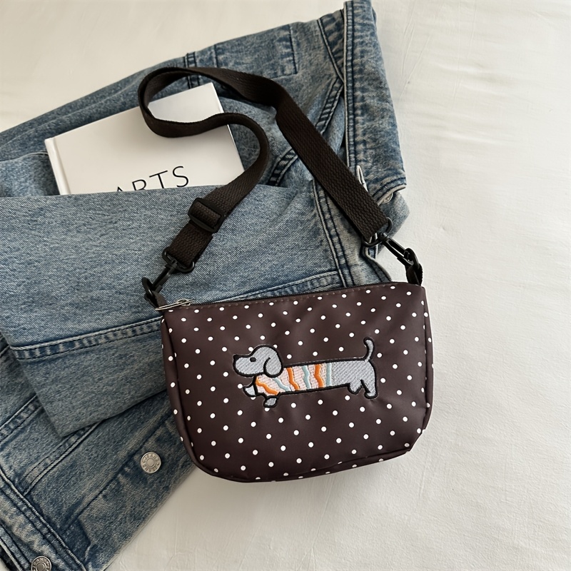 TEMU 1pc White Bag For Women, Cute Dachshund Embroidered Puppy Crossbody Bag, Phone Pouch, Shopping Coin Purse, Small Zippered Travel Bag, Middle