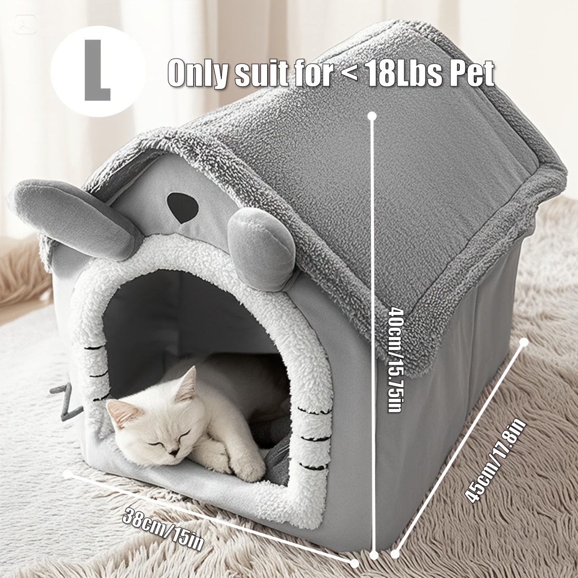 TEMU 2-in-1 Removable Soft Pet For Small Dogs And Cats - Cozy Cottage-style Indoor Shelter With Plush Cushion, Easy Assembly, Gray Durable Fabric, No