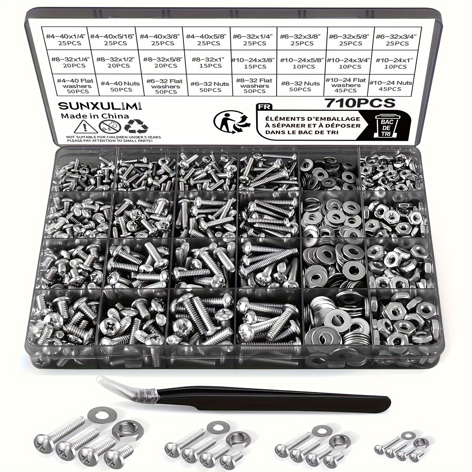 TEMU 710pcs Stainless Steel Nuts & Bolts Kit - #4 To #10 , Pan , Flat Washers Included With Durable Storage