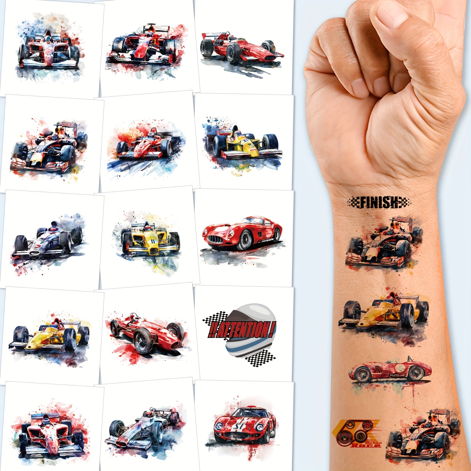 

10-pack Watercolor Race Car Temporary Tattoos, Oblong Shaped Cool Racing Car Tattoo Stickers For Birthday Party Favors And Decorations