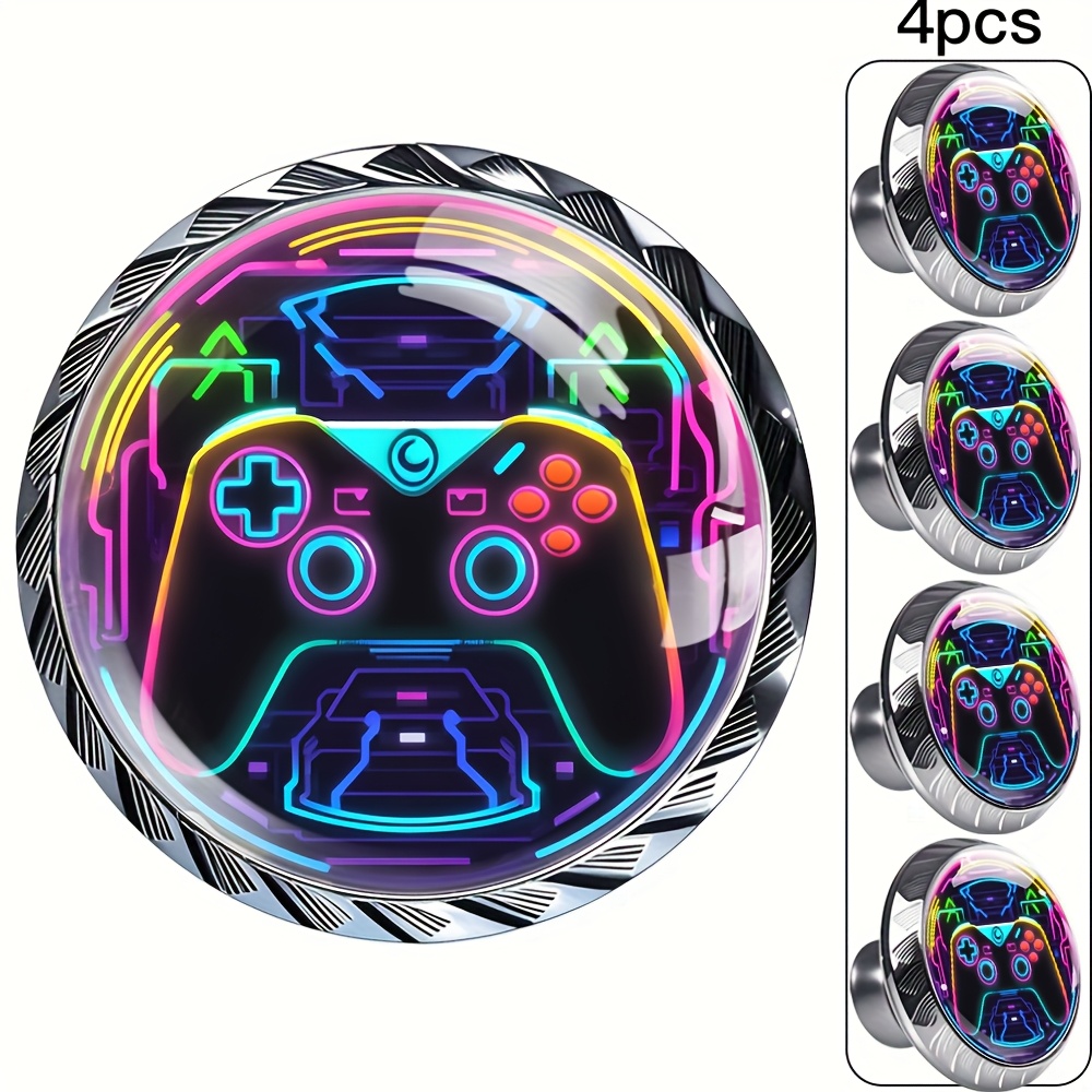 TEMU Lot de 4 boutons ronds en ABS et verre cristal transparent avec imprimé de jeu néon, adaptés pour commode, armoire, buffet, placard, , poignées