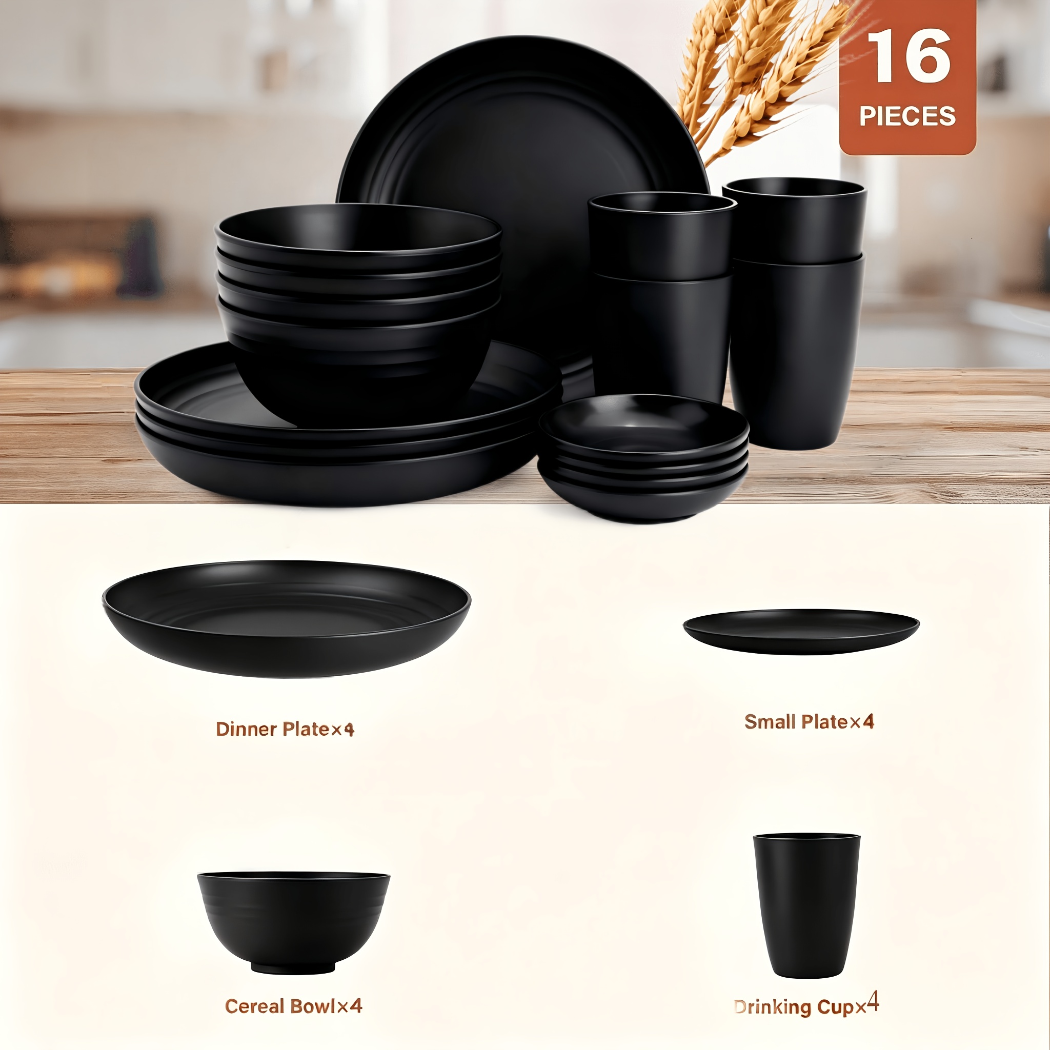 TEMU Ensemble de vaisselle en plastique anti-chute pour 4/8 personnes - Comprend des assiettes/assiettes à dessert/bols à céréales/tasses/vasoigne,