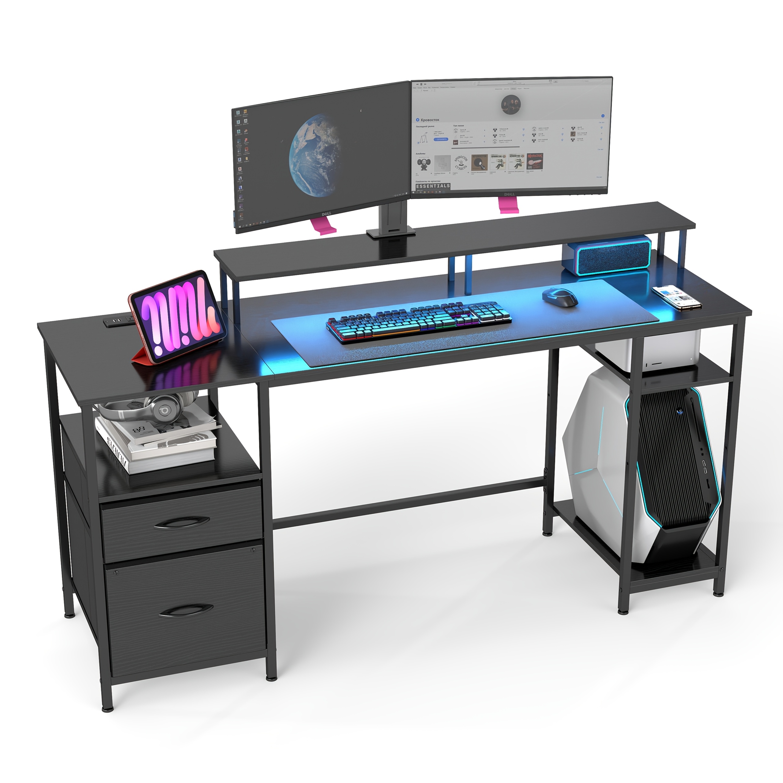 Gaming Desk, Esports Desk, Computer Desk With Drawers And Storage Shelves, Home Office Workstation Table For Pc, Study, Bedroom