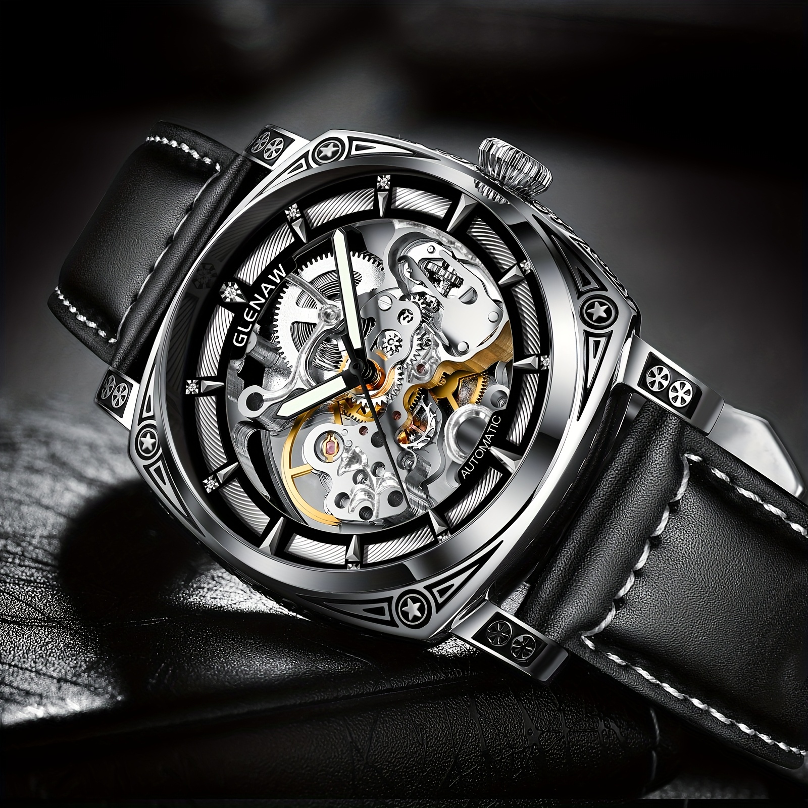 mens automatic mechanical watch elegant   dial waterproof up to 30  steel black   leather strap skeleton back with intricate movement date display ideal gift for him details 1