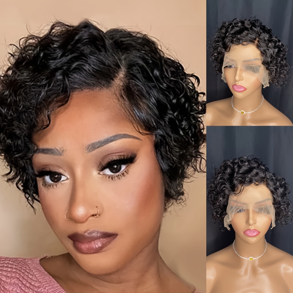 TEMU Elegant Cut Human Hair Wig For Women - Short Curly 6-inch, 150% Density, Natural Look With Transparent Lace Front, Daily & Party Wear, Black