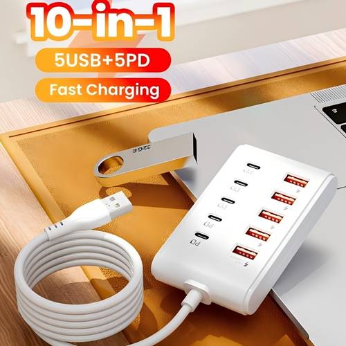 10 port usb fast charging type c pd 5 usb a ports suitable for laptops tablets multiple devices power hub high speed charging power adapter must have for tech enthusiasts organizer