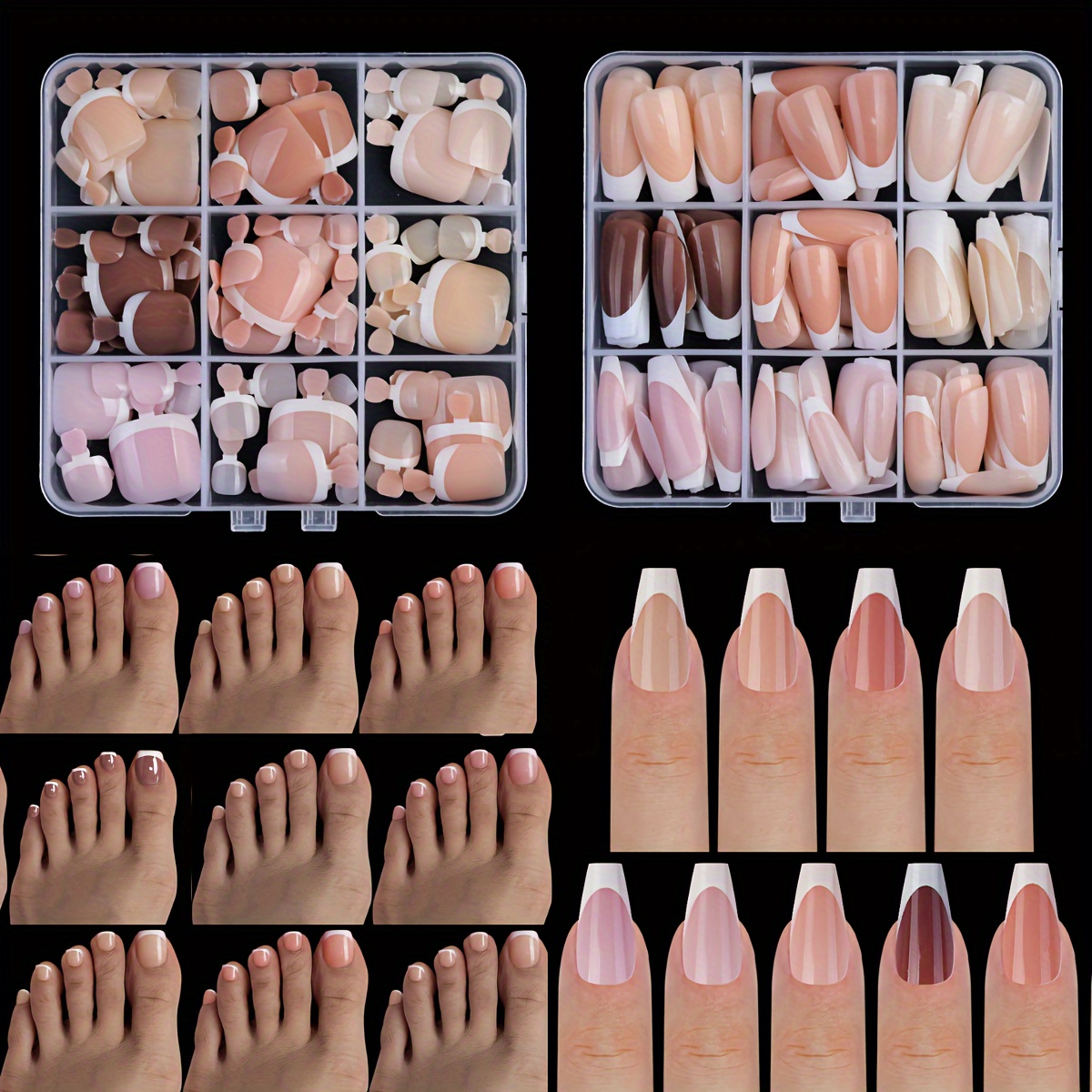 

108-piece Acrylic French Tip Press-on Nails & Toenails Set - Mixed Colors, Medium Square Shape For Diy Manicure And Pedicure Kit With Storage Box