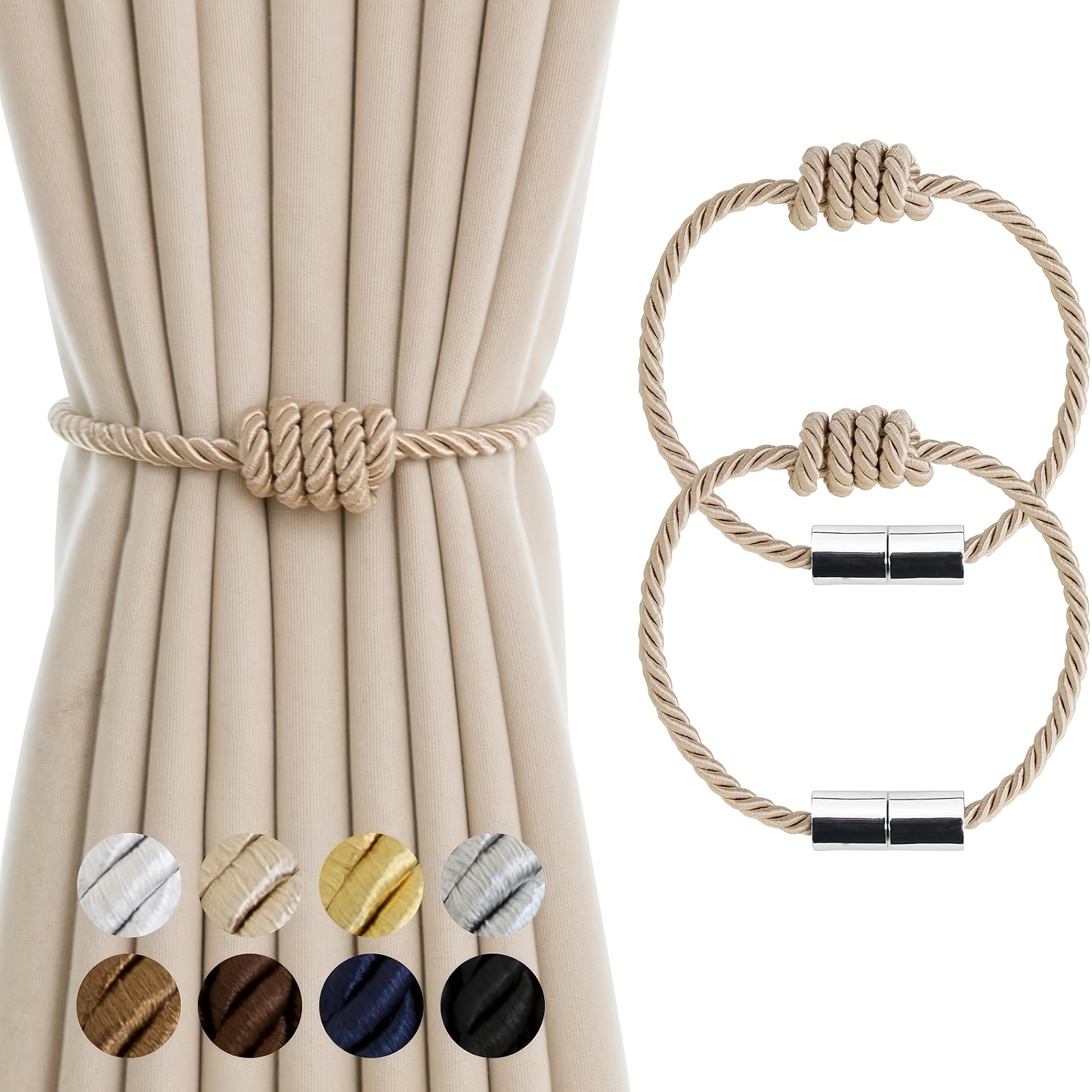 TEMU 2pcs Curtain Tiebacks Magnetic Decorative Rope Tie Backs Holdbacks Contoeey | 2pcs Beige Modern Elegant Window Treatment Holdbacks For Drapes