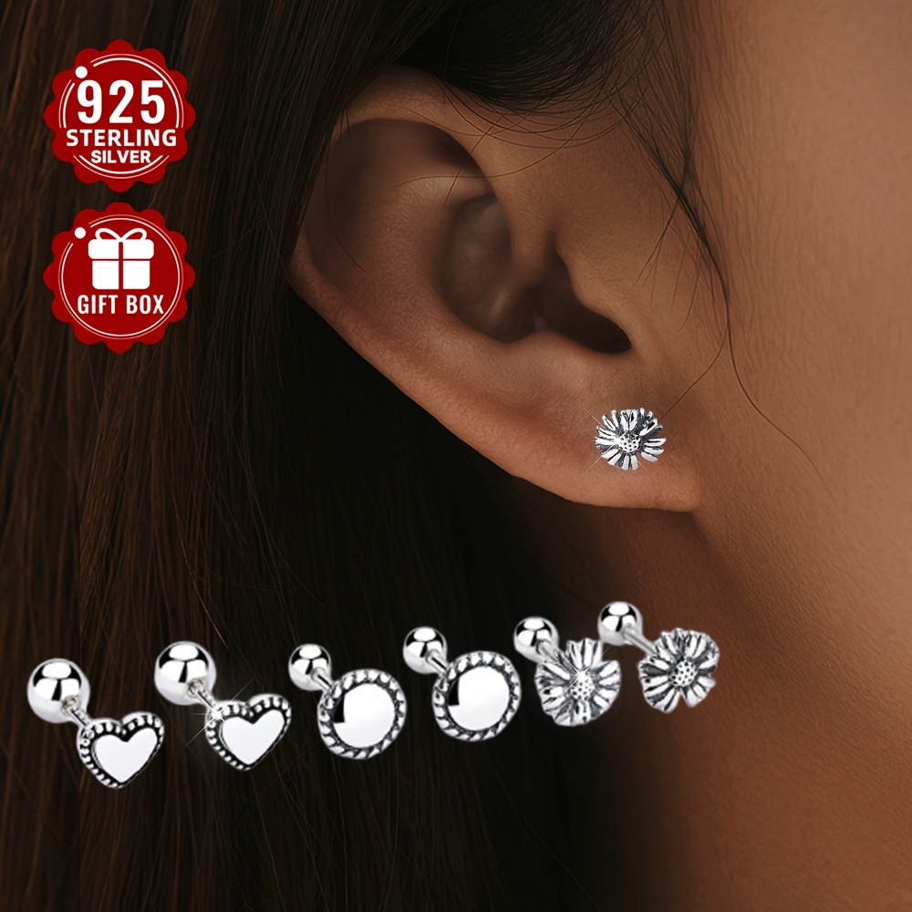 925 Silver Heart & Round Thread Ear Studs - Vintage Small Daisy Ear Bone Studs