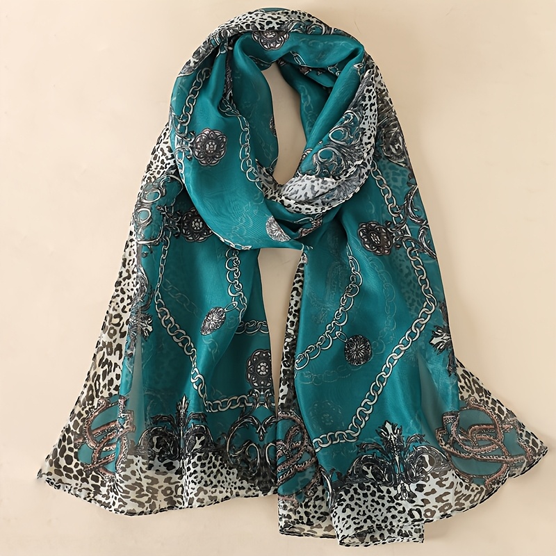 Image of 1pc Spring Summer Women's Chiffon Scarf Wrap Shawl, Leopard Chain Print Boho Fashion Accessory, Lightweight Soft Breathable, For Beach Wedding Outfit, Elegant Gift For Women