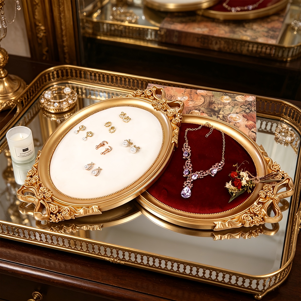 Retro Golden Frame Oval Jewellery Tray with Bow, Velvet Lining