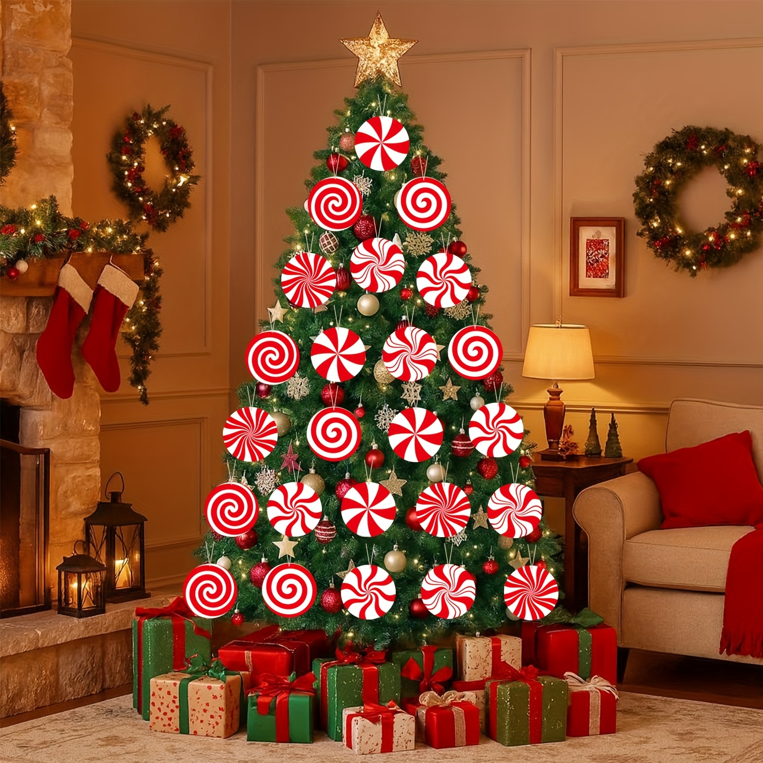 TEMU 60pcs Of Christmas Tree Decorations, Round Candy Tags For The Christmas Tree, Outdoor Candy Ornaments For The Christmas Tree, Christmas Candy