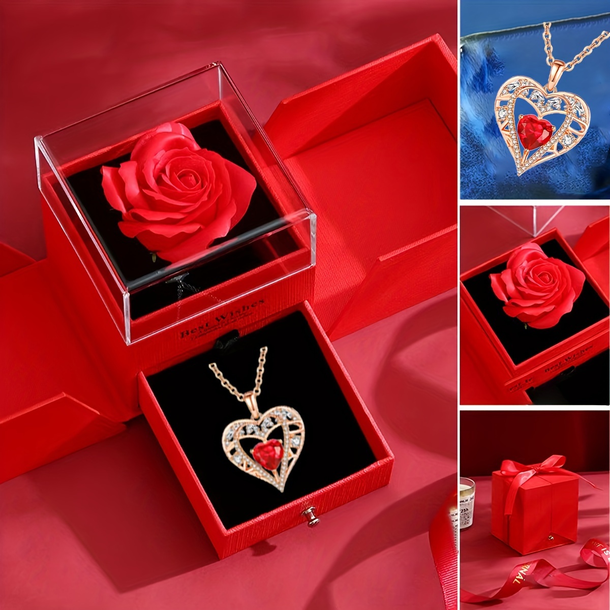 Heart Rose Pendant Necklace with CZ for Couples