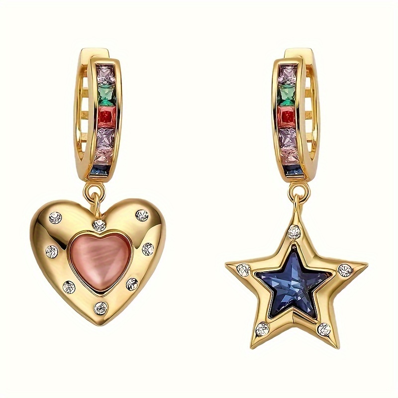 TEMU 1 Pair Stylish Asymmetric Star And Heart Sparkling Zircon Dangle Earrings - Vintage Bohemian Style, Perfect For Daily Wear Or Party Holiday