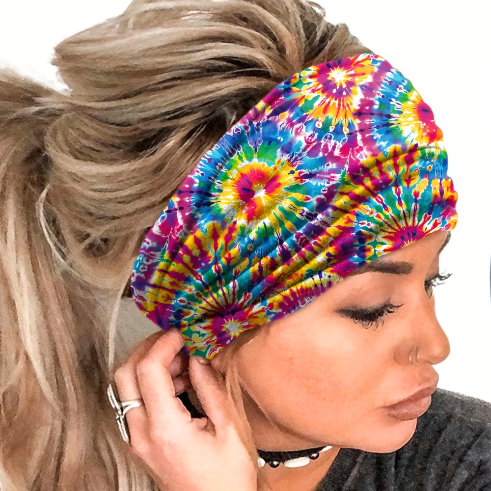 Spring And Summer Tie-dye Wide-brimmed Fashion Retro Bohemian Print Hair Band Anti-slip Knotted Headband Fashion Hair Additions For Women And Daily Use