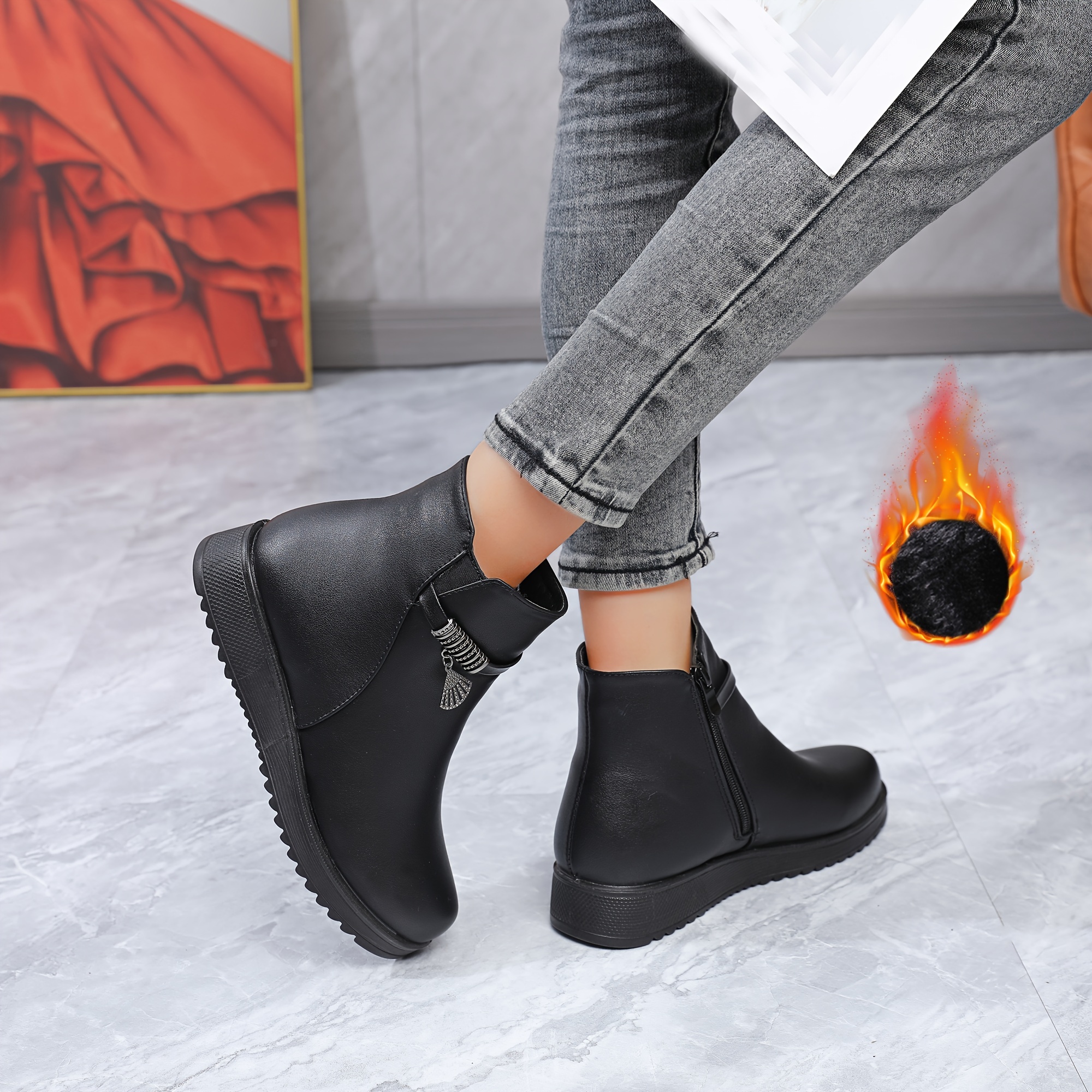 womens winter side zipper comfortable thick pu sole warm furry lined round toe casual shoes solid color synthetic cover durable grip boots   protection 3