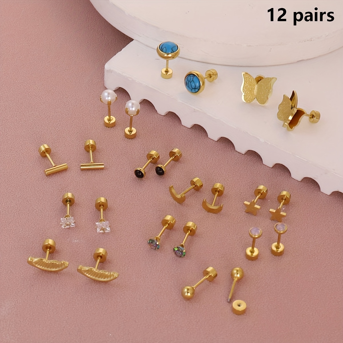 TEMU 12 /Juegos de Aretes de Acero Inoxidable 316 con Pluma Dorada//Luna/ de Sintética, Fáciles y Modernos, Adecuados para Uso Diario, Ideales como