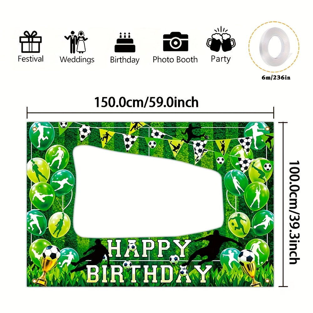 TEMU 1pc Vibrant Soccer-themed Birthday Party Backdrop - With Footballs, Balloons & , Polyester Photo Prop For Indoor & Outdoor Celebrations, '