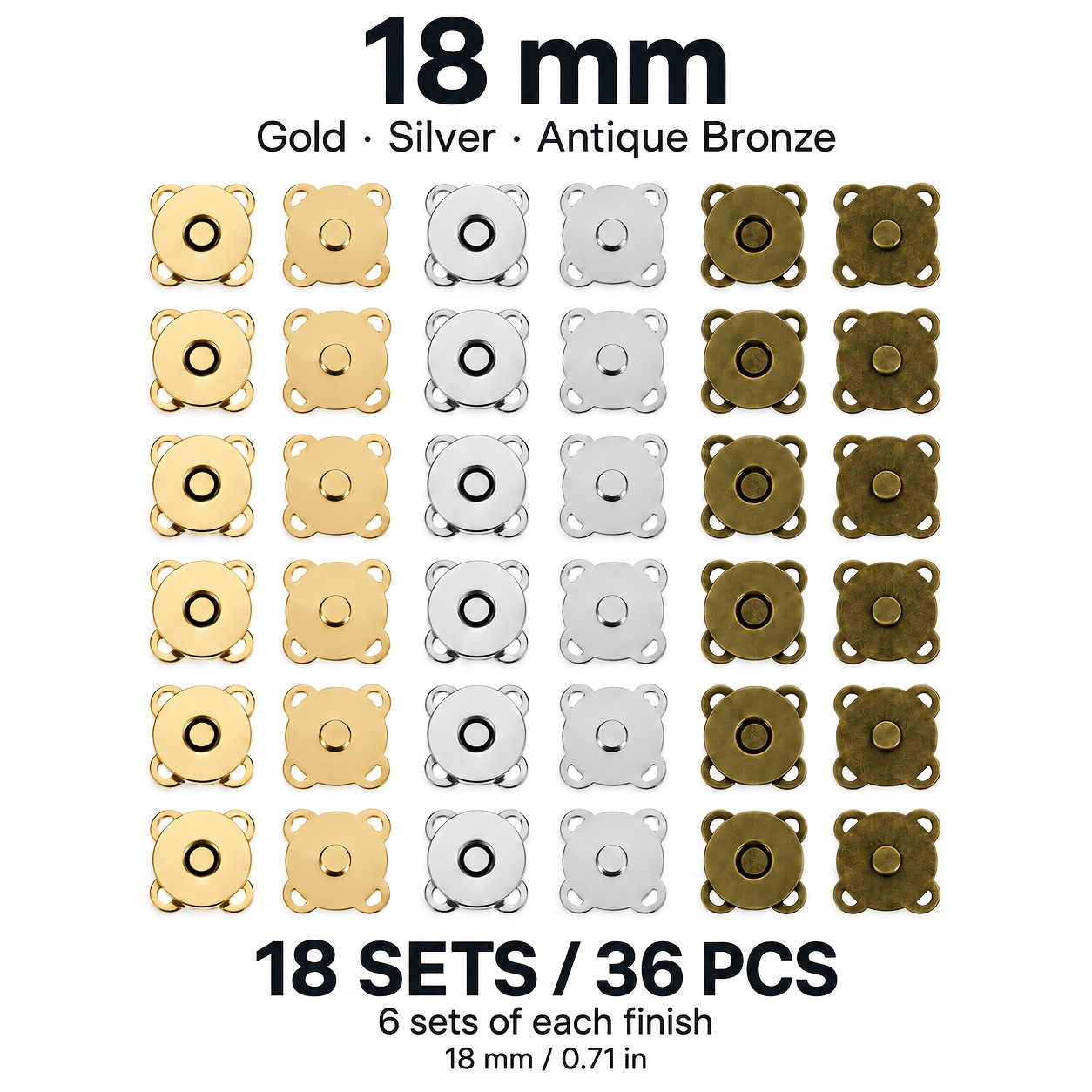 TEMU Juego de 18 sets/36 piezas de broches magnéticos de coser de flor, cierres metálicos de 14 mm o 18 mm para carteras de cuero, bolsos, ropa y