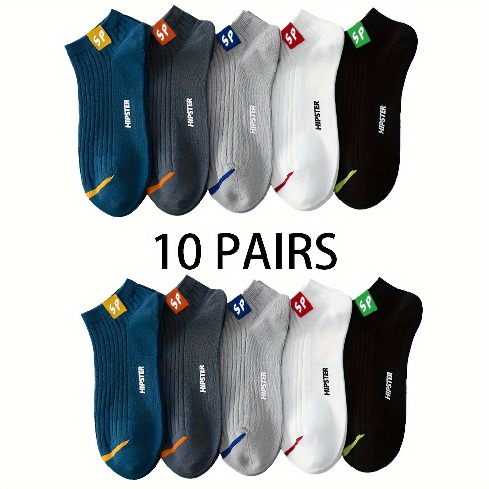 

10 Pairs Sp Trendy Ankle Socks Unisex - Polyester And Elastane , Breathable Knit Fabric, Machine Washable, Anti-odor Sports Liners With Alphabet Pattern - For All