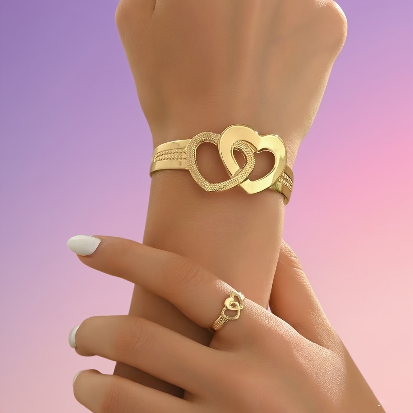 2pcs Bohemian Adjustable Openwork Heart Bangle Bracelet & Ring Set