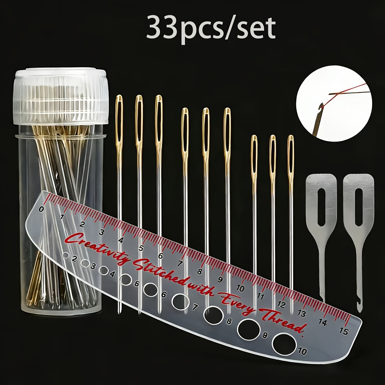 TEMU 33pcs Cross Stitch Embroidery Kit Needles Plus 2 Needle Threaders And 1 15cm Needle Gauge Ruler, Knitting Needle Gauge And Ruler, Hand Tools