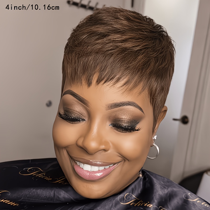 TEMU Perruques Marron pour Femme en Vrais Cheveux Humains avec Frange, Coupe Droite, Perruque en Cheveux Humains 4 Pouces Entièrement à pour Femme,