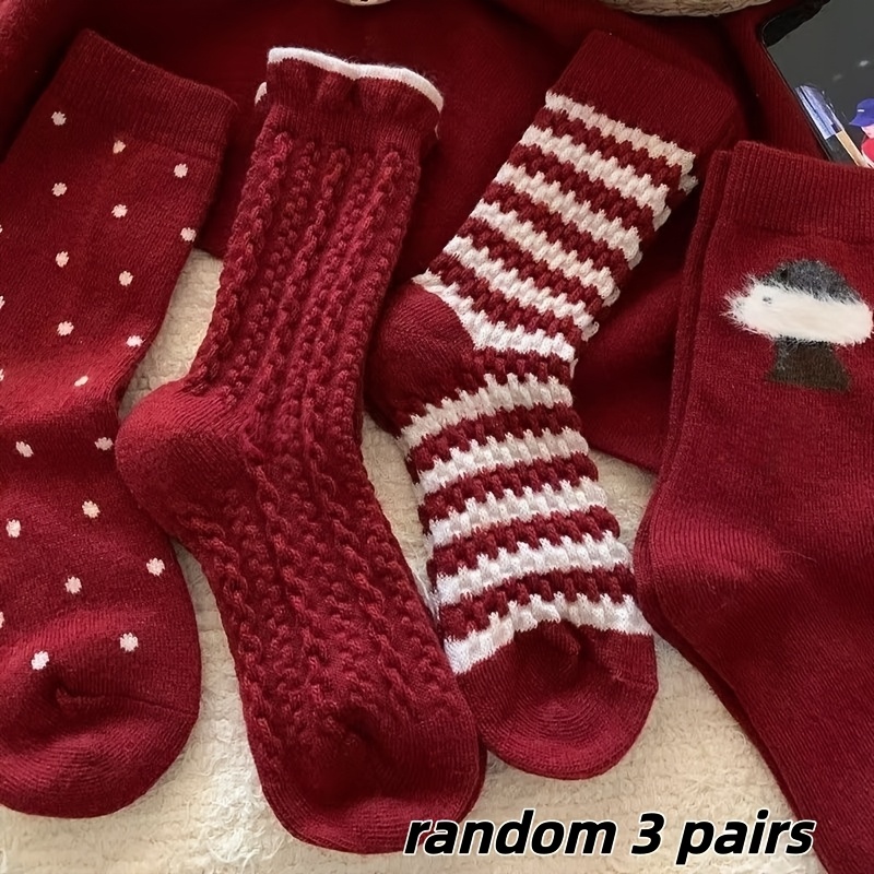 TEMU Chaussettes d'automne-hiver mélangées, 3 paires aléatoires, chaussettes chaudes , tricot câblé, style rétro rouge, chaussettes de Noël