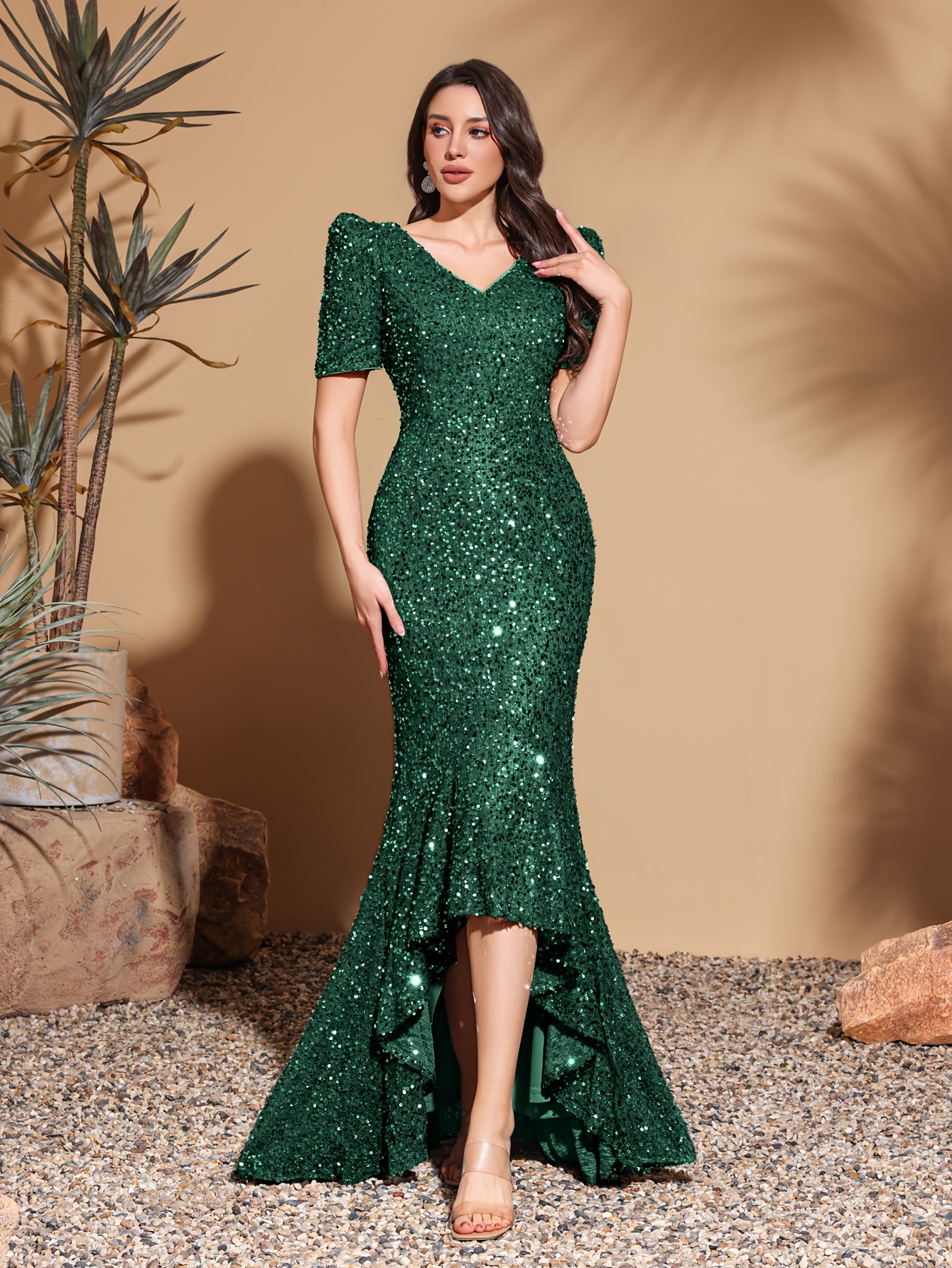 elegant sequin v neck midi dress bubble sleeves asymmetrical