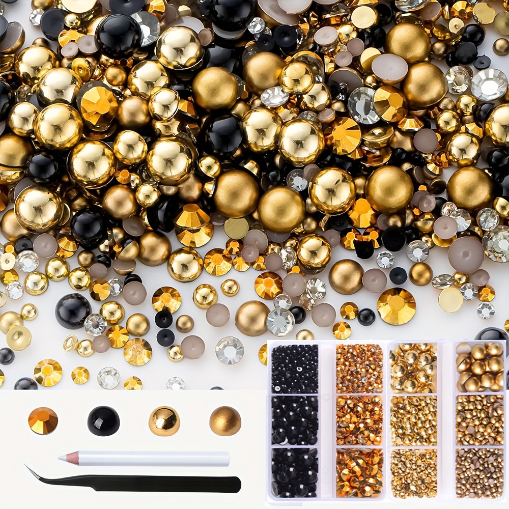 

3600pcs Black Golden Faux Pearl Rhinestone Beads, Ideal Accessories For Necklace Bracelet Keychain Jewelry Making