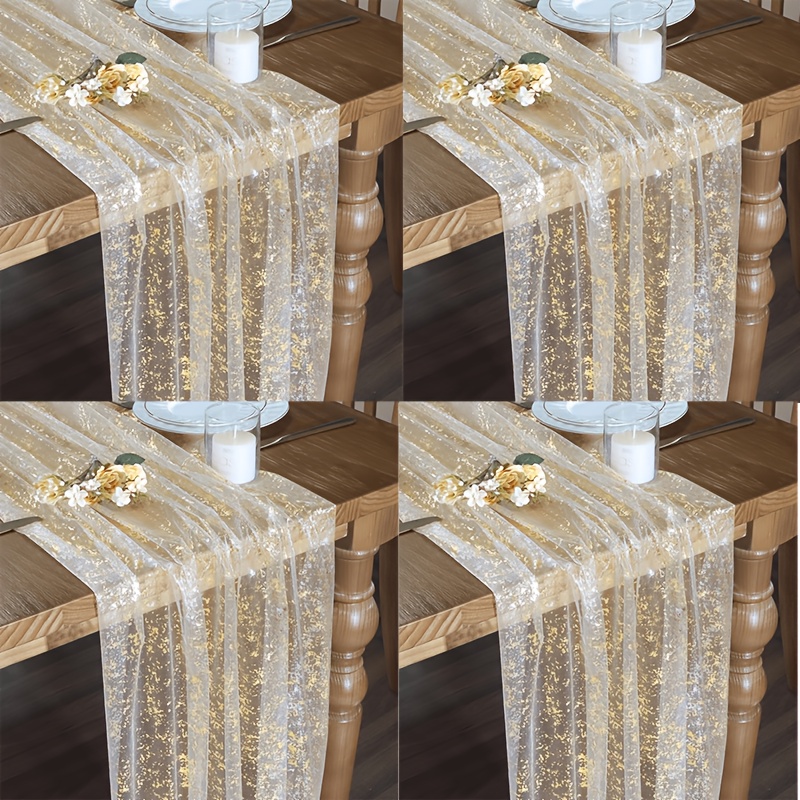 TEMU 4er-Pack Beige Goldene Tischläufer 28,3 x 78,7 Zoll, Transparente Chiffon Tüll Käsegardinenläufer mit Goldener Glitzer Metallic Folie, Goldener