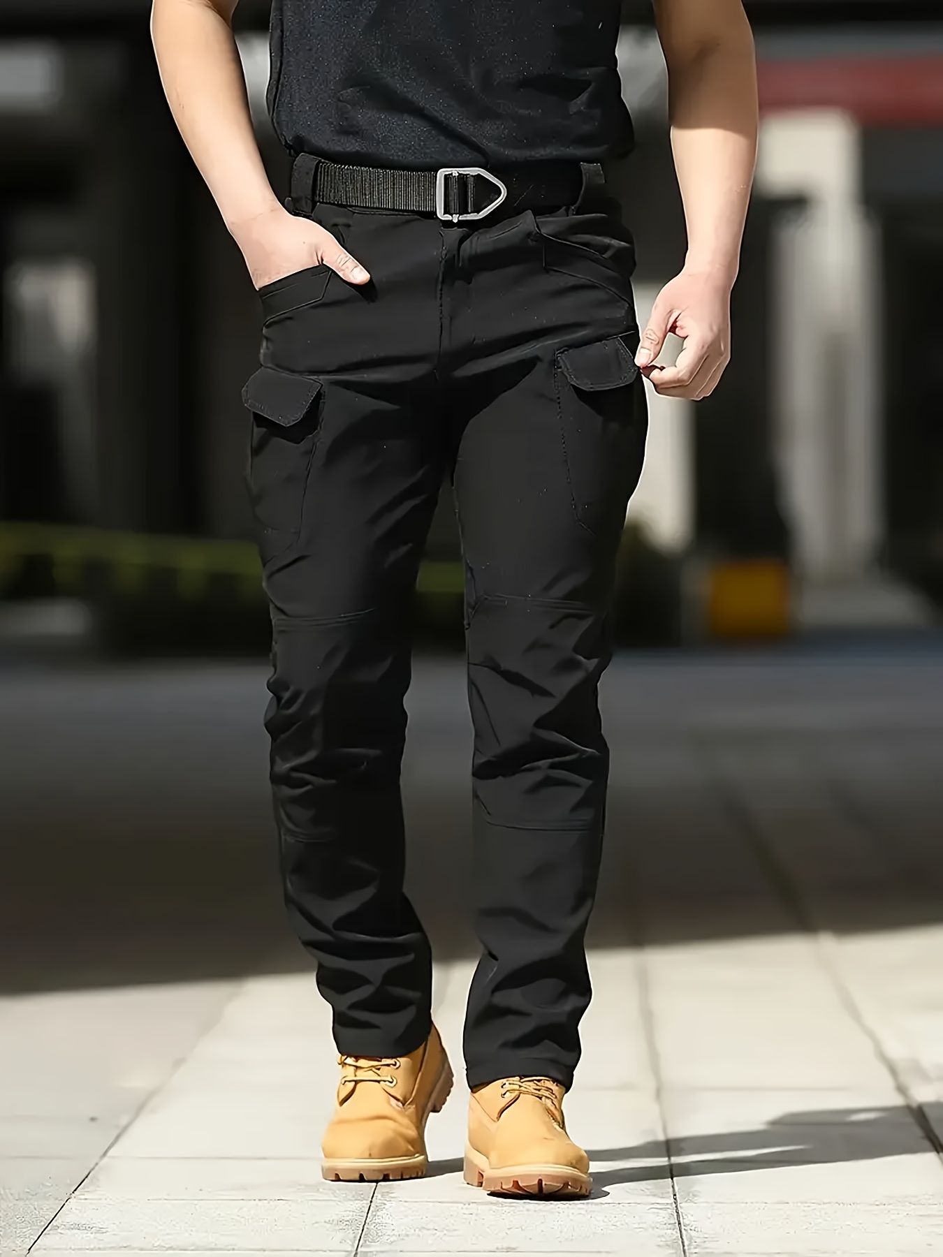 mens   cargo pants multiple utility pockets leg strap hside pockets   fabric beltless design for outdoor hiking camping work all in one workwear trousers   camping gear work cargo pants solid   flexible workwear black 2