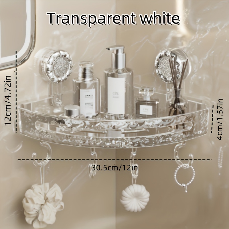 TEMU 1pc White Triangle Bathroom Shelf With Crystal-like Texture, Suction Cup Mount For Stability, Multi-level Storage For Toiletries And Bath