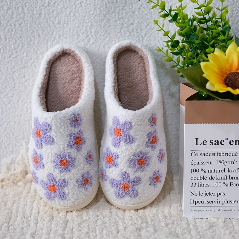 Image of Lilac Flowers Lavender Pattern Fluffy Plush Slippers Embroidery Home Indoor Floor For Men And Women Lovers Autumn And Winter Fuzzy Warm Soft Comfortable And Thick Slippers Tpr Shoes Sole, Women Shoes