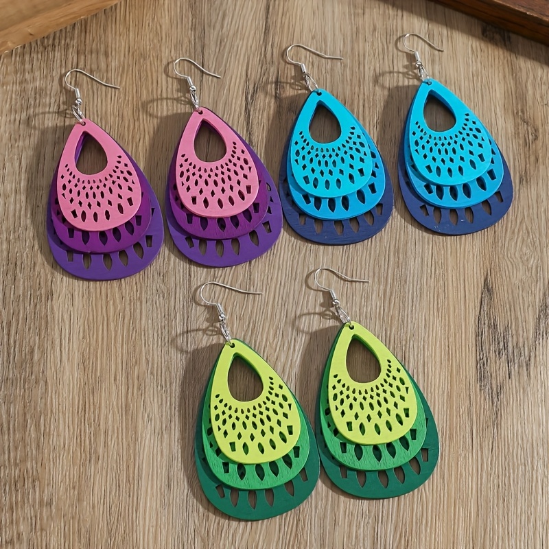 TEMU 3pcs Set Of Geometric Hollow Wooden Earrings, Vintage Ethnic Style, Teardrop-shaped Earrings, Colorful Printed Earrings