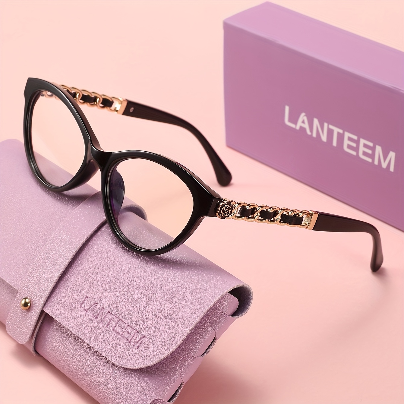 TEMU LANTEEM (Étui Cadeau pour Lunettes et Boîte de Protection Extérieure) 1 Paire de Lunettes à Œil de Chat de Haute Qualité avec Chaîne en Métal et