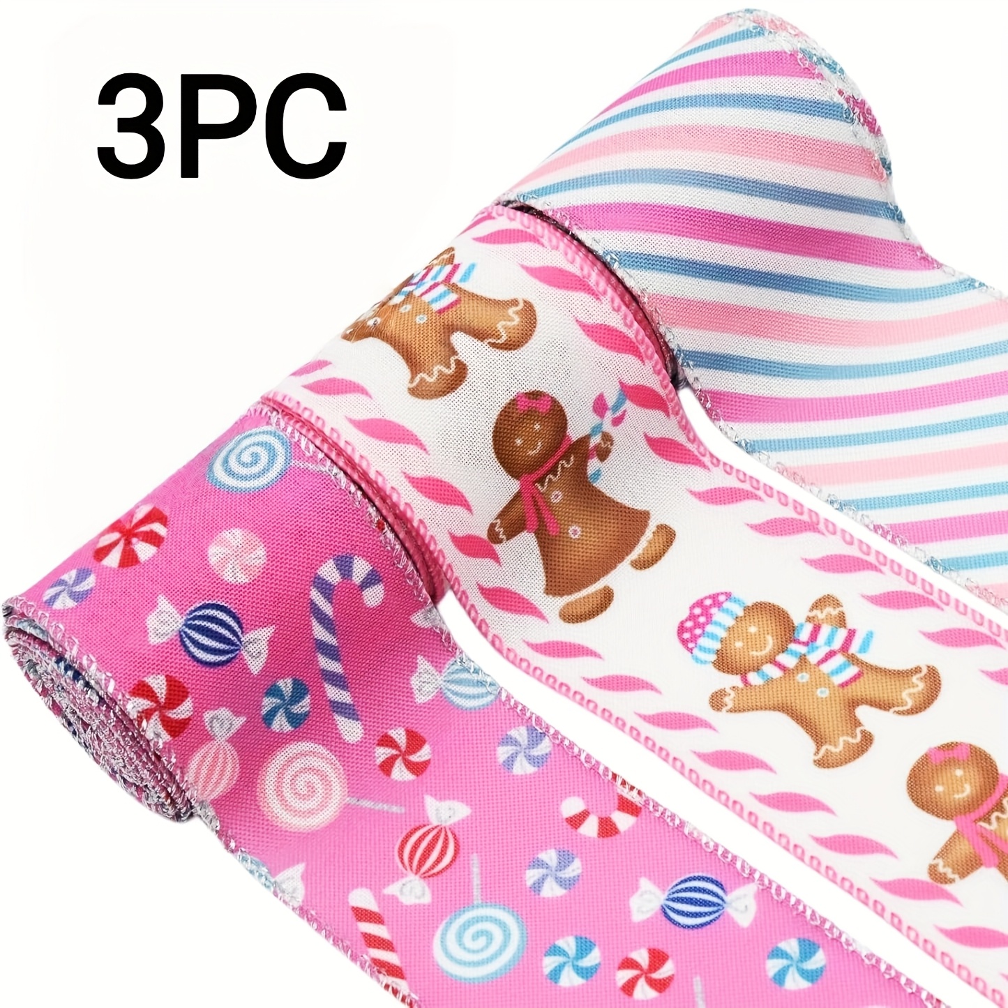 TEMU 3 pièces Ruban à Rayures Pastel Rose avec Bord Filaire - Ruban Sucre Rose Clair de 2,5 Pouces de Large, Idéal pour Nœuds DIY, Couronnes,