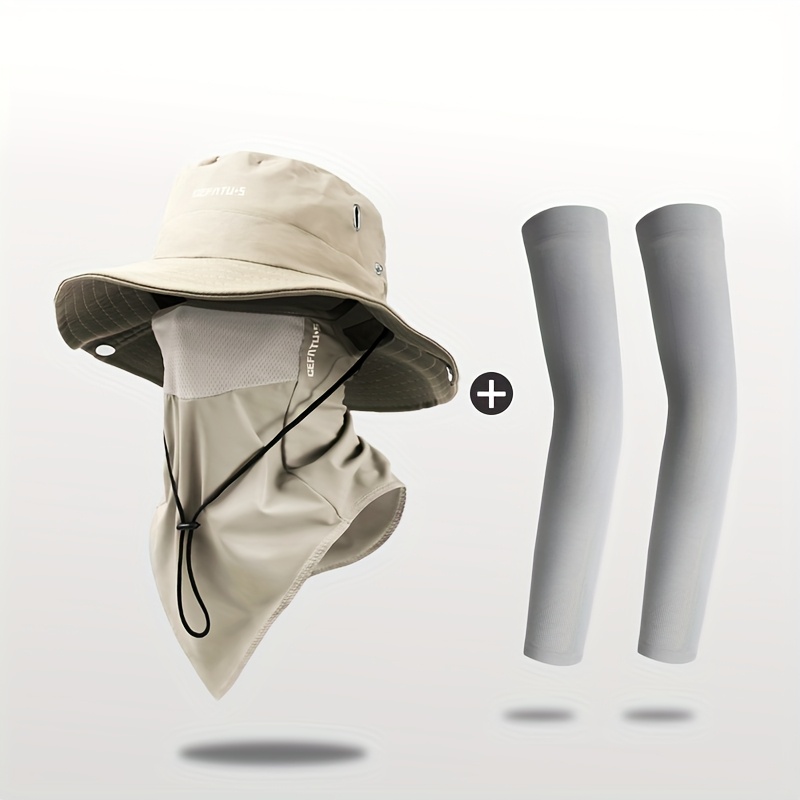 /3pcs Wide Brimmed Sun Hat, Men'S Outdoor Hat, Soft And Breathable, Sun Protection Three Piece Set, Sun Protection Face Mask, Sun Protection Ice Sleeve Cover, Suitable for Outdoor Travel And Outdoor Work, Without Battery