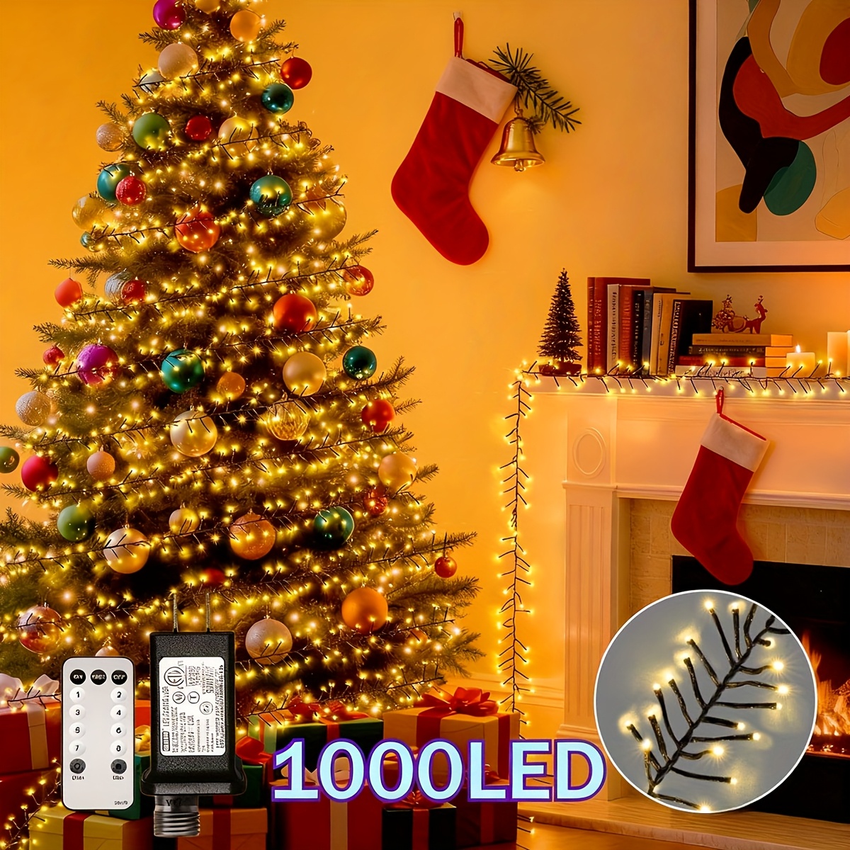 TEMU Christmas Cluster Lights, Warm White Lights Tree Lights, Cluster Lights 8 Timer With Remote, Plug In, Dark Waterproof String Lights, Or Outdoor
