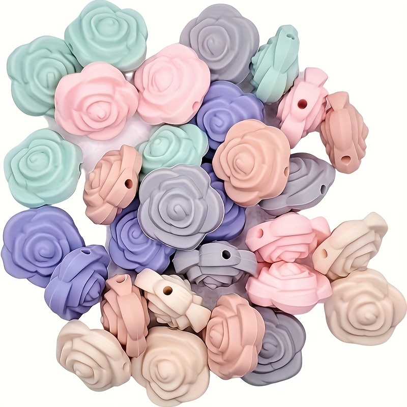 Image of 24pcs 6 Colors Rose Silicone Beads, Flower Silicone Beads For Keychain Making, Necklace, Bracelet Kit - Beads And Bead Assortments (12pcs Pastel)
