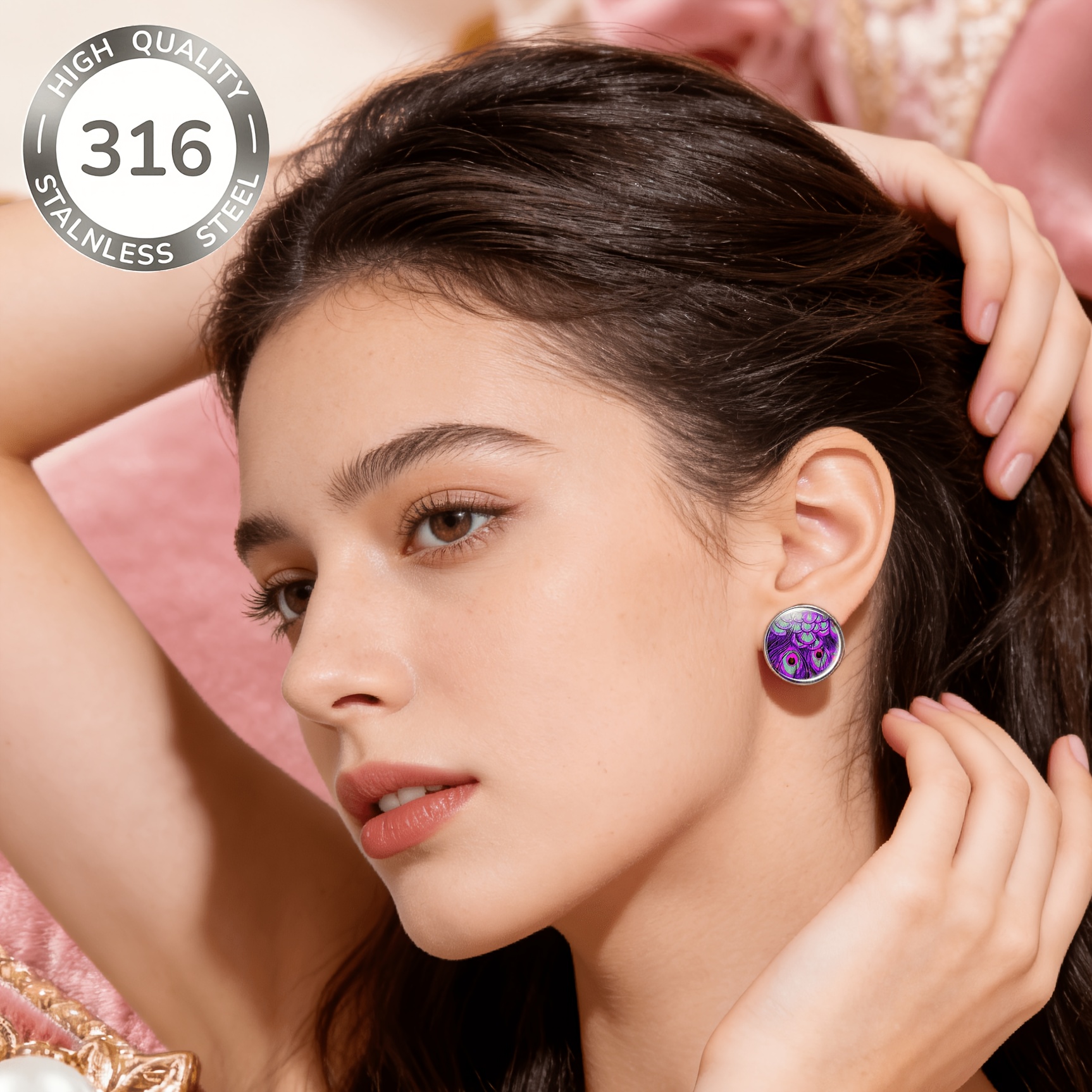 2pcs Stainless Steel Non-Piercing Round Colorful Pattern Earrings