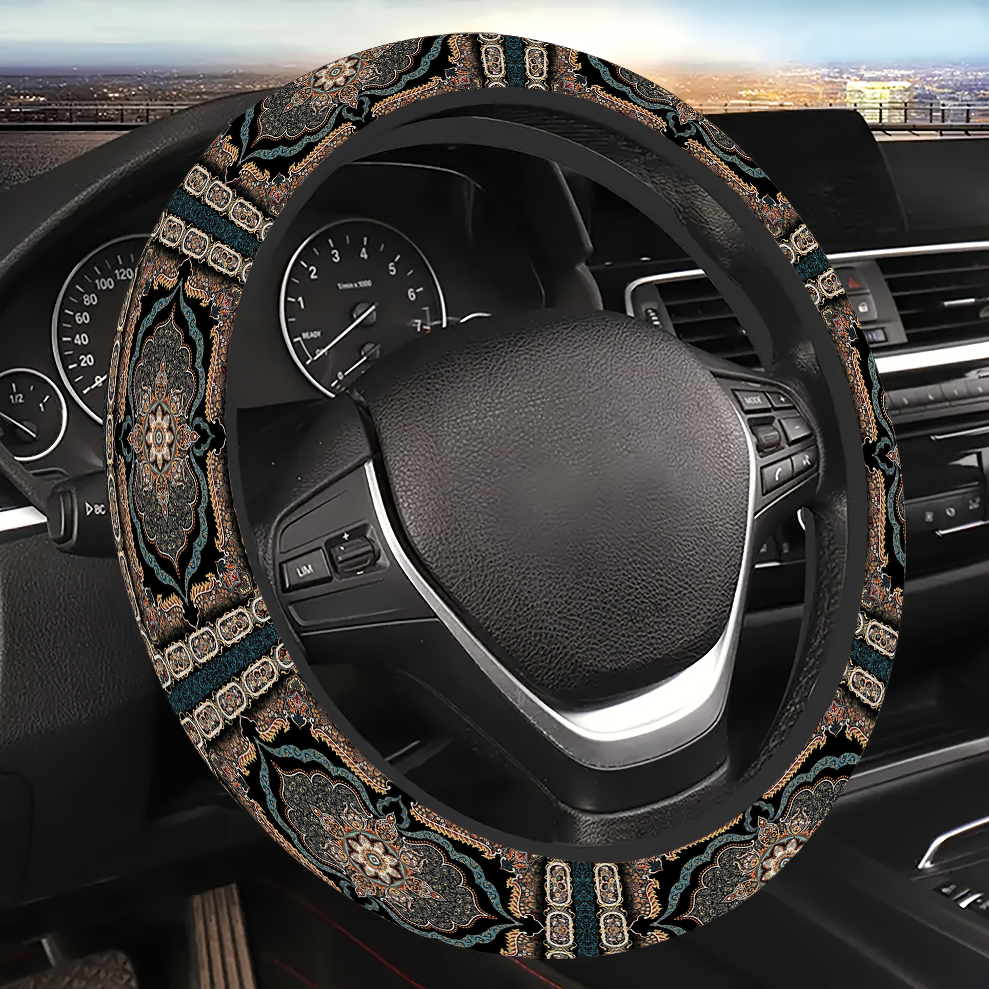 TEMU Light Luxury Retro Persian Style Elastic Thickened Steering Wheel Cover, 15-inch Universal Car Steering Wheel Cover, And Aesthetic Steering Wheel Cover