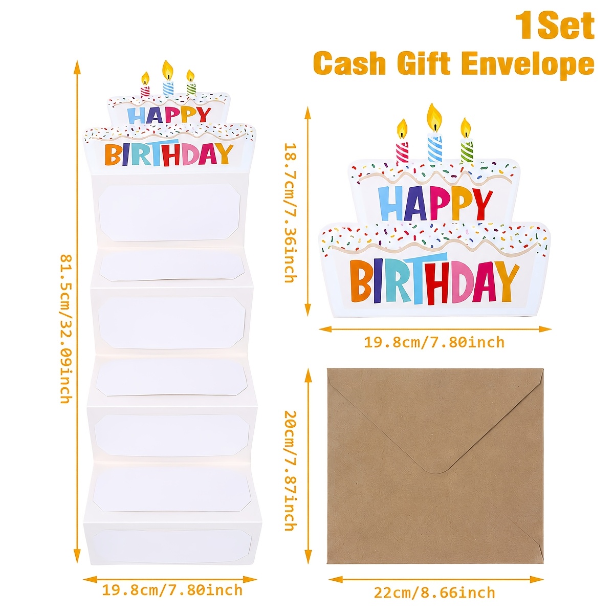 TEMU 1set, Enclosure Cards, Happy Birthday Cash Gift Envelope(non-included Banknotes), Colorful Birthday Cake Shaped Folding Banknote Card, Irregular