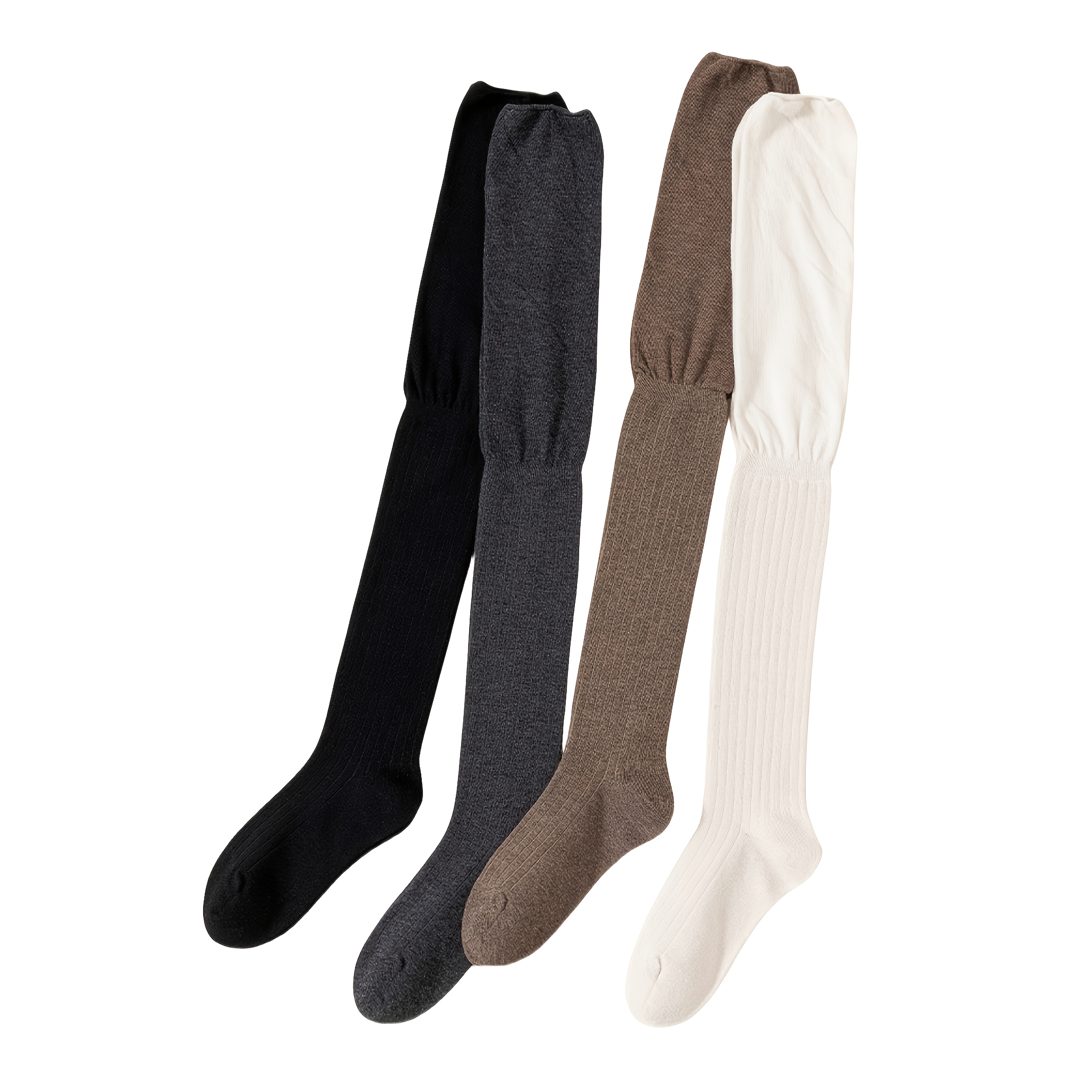 TEMU 4 Pairs Of One-size Retro Loose Slouch Over-the-knee Thigh-high Socks, Vertical Rib, Elastic Bound Top Opening, Breathable Casual Stackable
