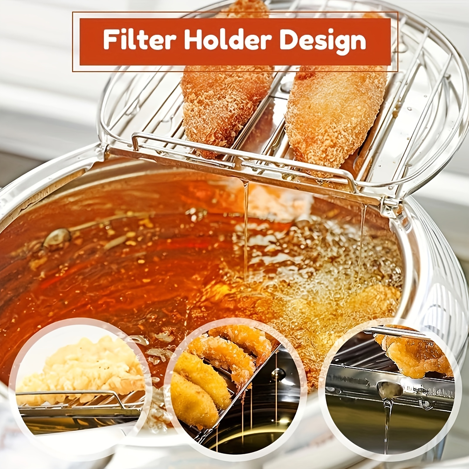 Image of Deep Frying Pot For With Lid, 304 Stainless Steel, Oil Draining Rack, Built-in Thermometer, Gas And Induction Stovetop Compatible, Perfect For Frying Fish, Shrimp, And