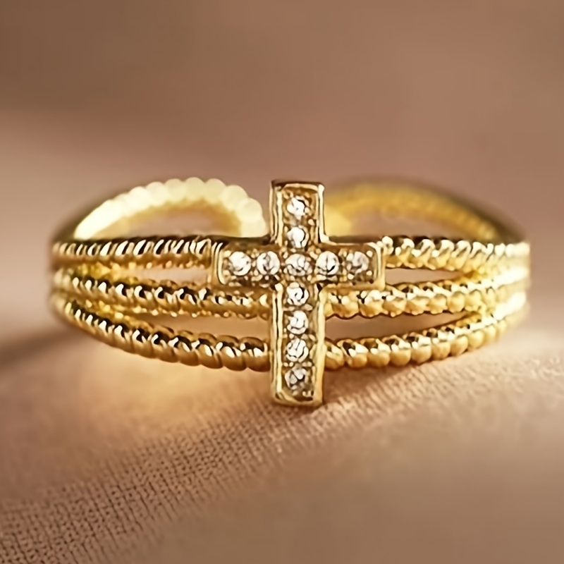 Adjustable Layer Cross Ring KC Golden Plated Synthetic Stone