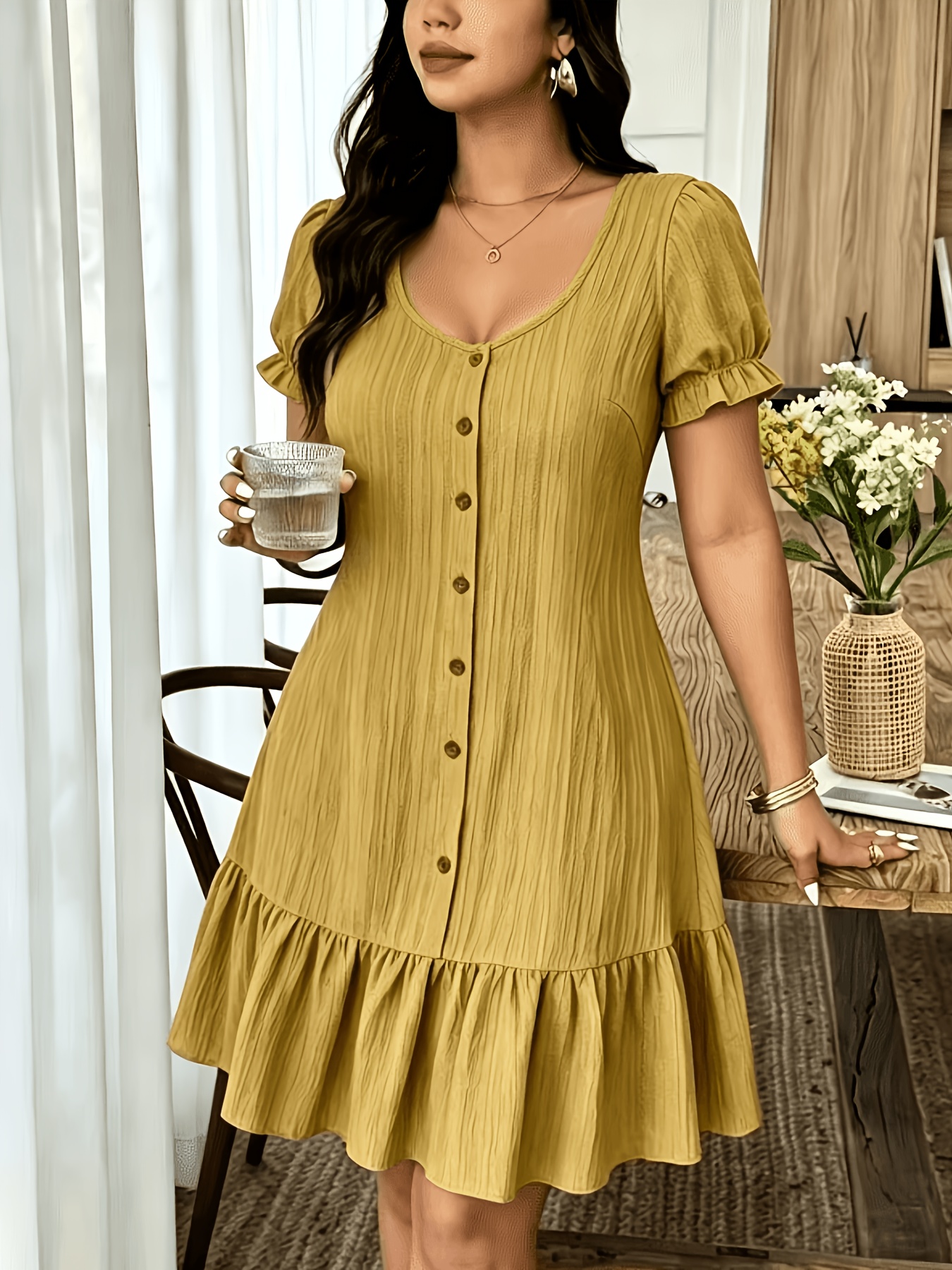 Women's *-Style Gentle Textured Front Button Ruffle Hem Casual Versatile Pretty Dress